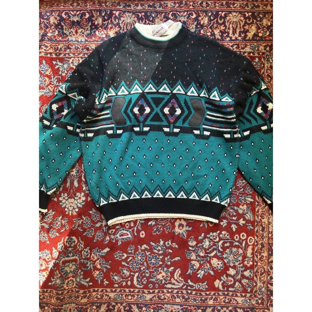 McGregor L Vintage Mock Neck Sweater Acrylic Grandpa Ugly Geometric Black Teal